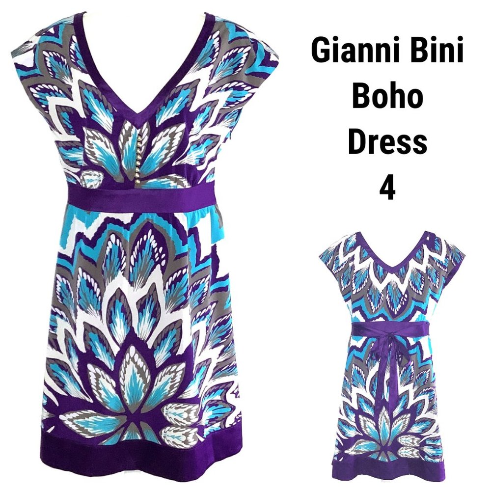 Gianni Bini Boho Dress Purple Aqua Blue White Tan Size 4 Paisley V-Neck